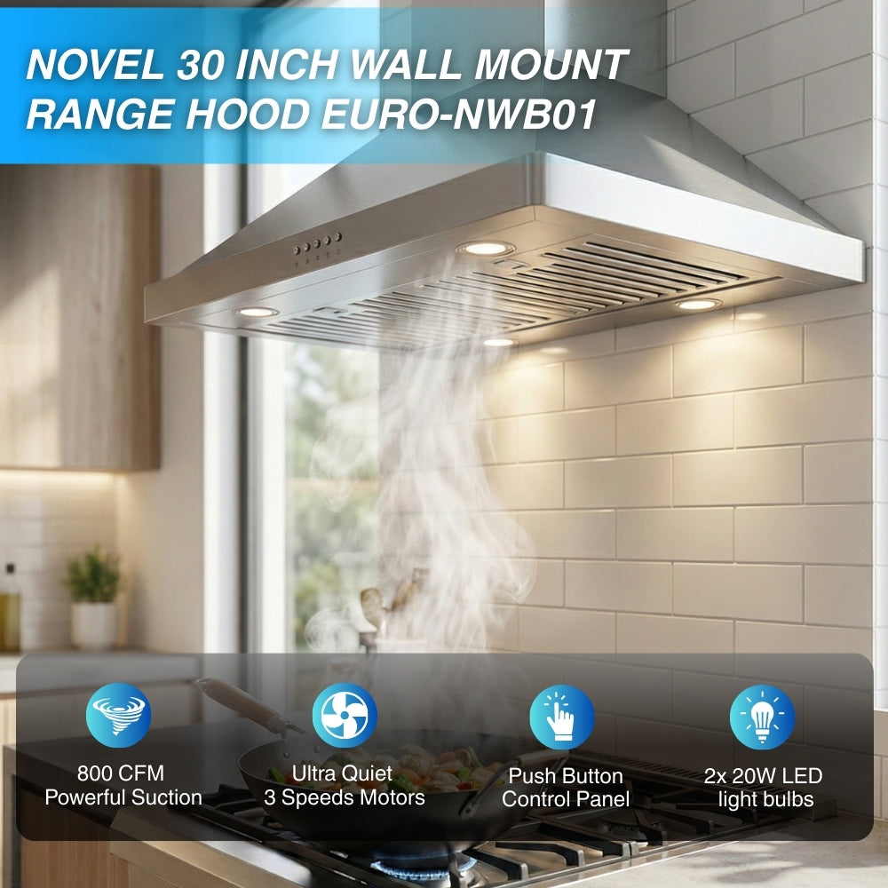 Novel 30 Inch 800 CFM Wall Mount Range Hood EURO-NWB01 - Range Hood - NOVEL