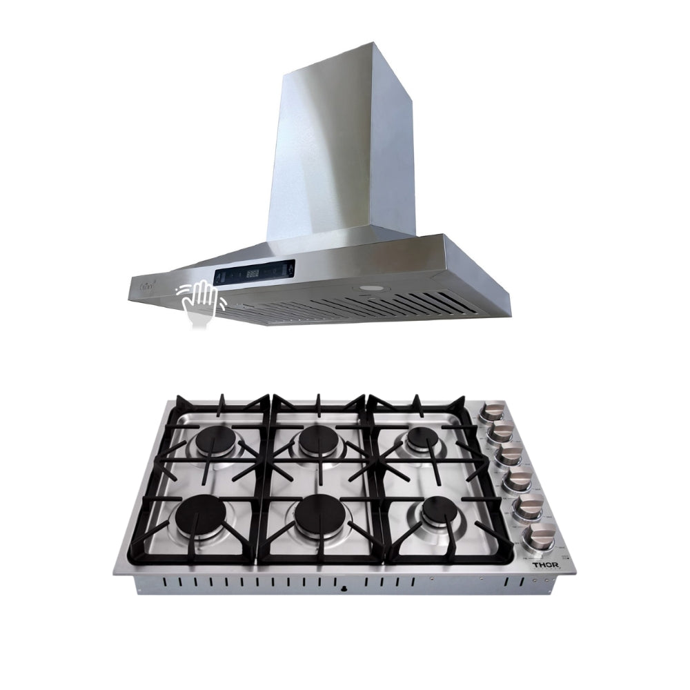 2-PC Bundle Set: Thor Kitchen 36" Gas Cooktop + Crown 36" Wall Mount Range Hood