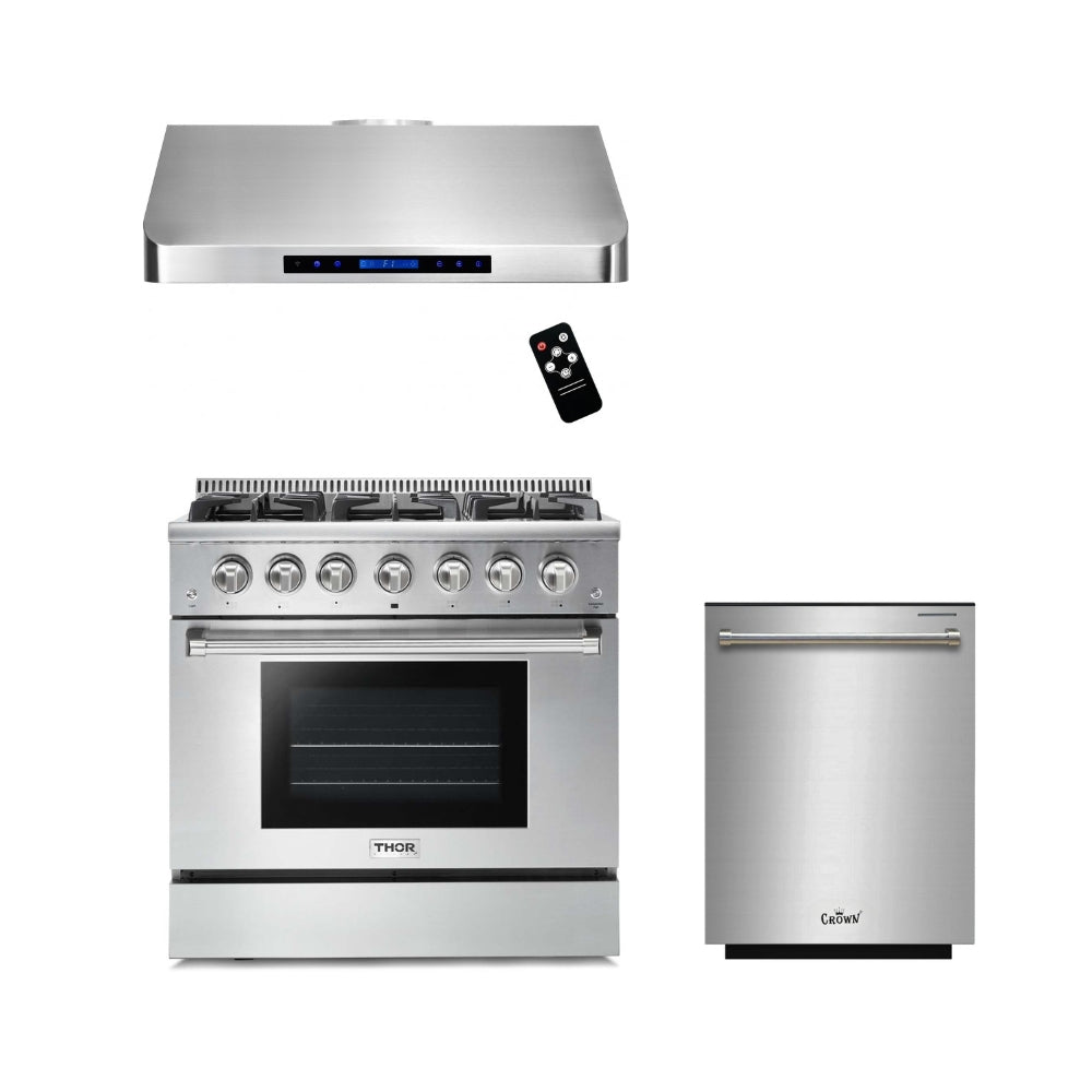 3-PC Bundle Set: Thor Kitchen 36" Gas Range + Crown 36" Under Cabinet Range Hood + 24" Dishwasher