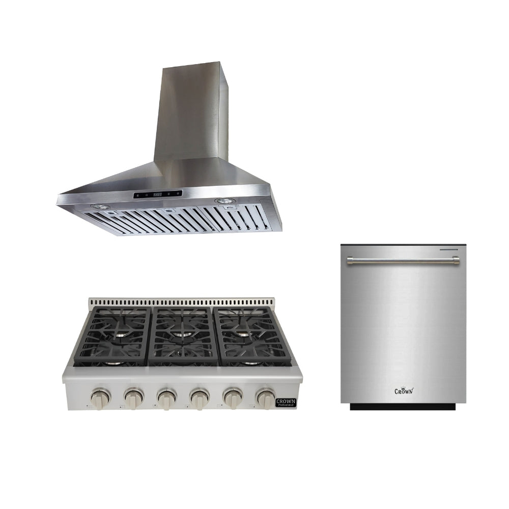 3-PC Bundle Set: Crown 36" Gas Range Top + 36" Wall Mount Range Hood + 24" Dishwasher