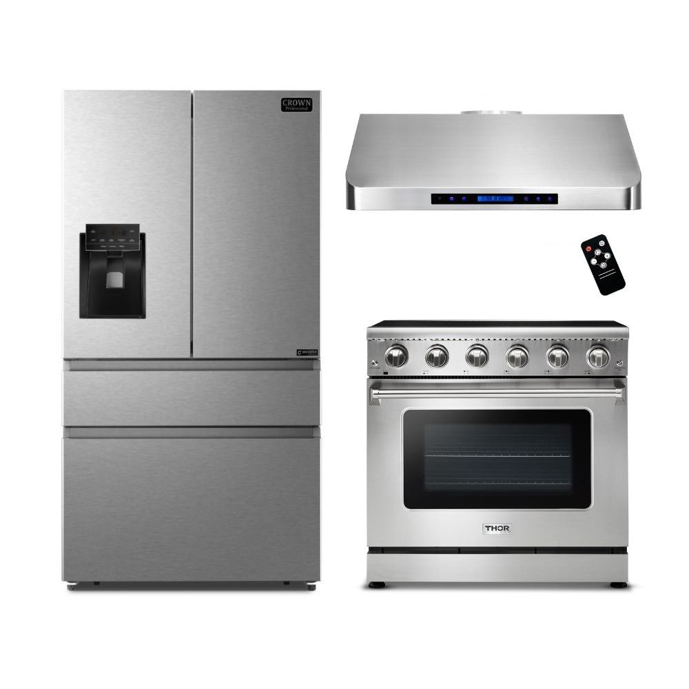 3-PC Bundle Set: Crown 36" Under Cabinet Range Hood + Thor Kitchen 36" Electric Range + Crown 36" Refrigerator