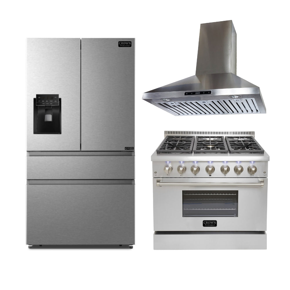 3-PC Bundle Set: Crown 36" Wall Mount Range Hood + 36" Dual Fuel Gas Range + 36" Refrigerator