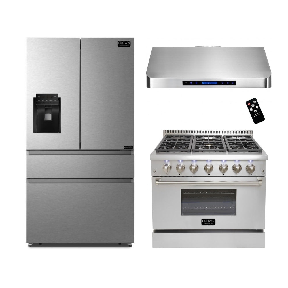 3-PC Bundle Set: Crown 36" Under Cabinet Range Hood + 36" Dual Fuel Gas Range + 36" Refrigerator