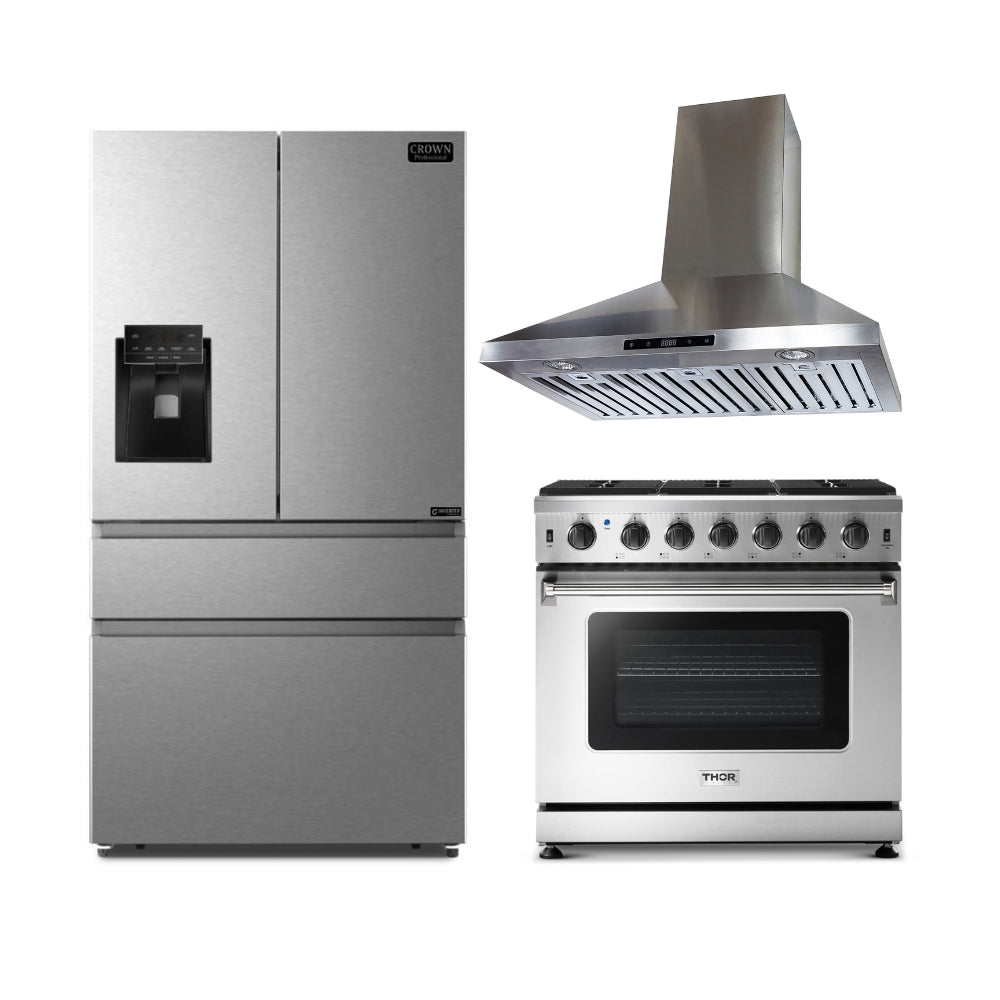 3-PC Bundle Set: Crown 36" Wall Mount Range Hood + Thor Kitchen 36" Gas Range + Crown 36" Refrigerator