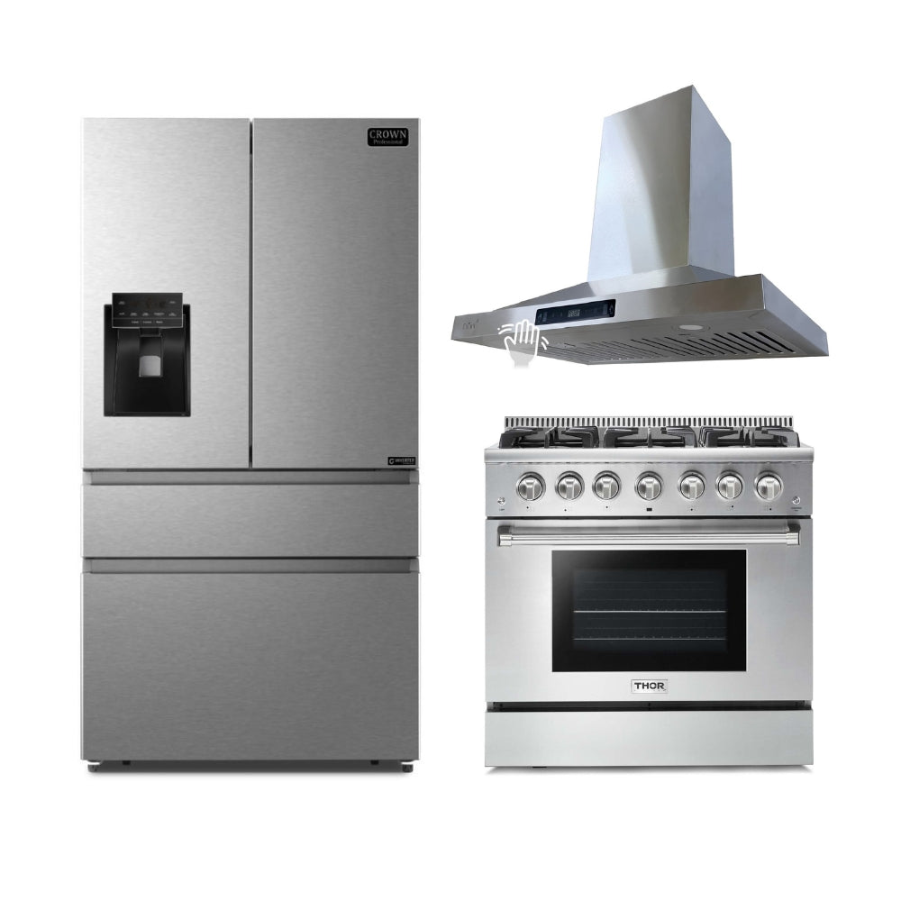 3-PC Bundle Set: Crown 36" Wall Mount Range Hood + Thor Kitchen 36" Gas Range + Crown 36" Refrigerator