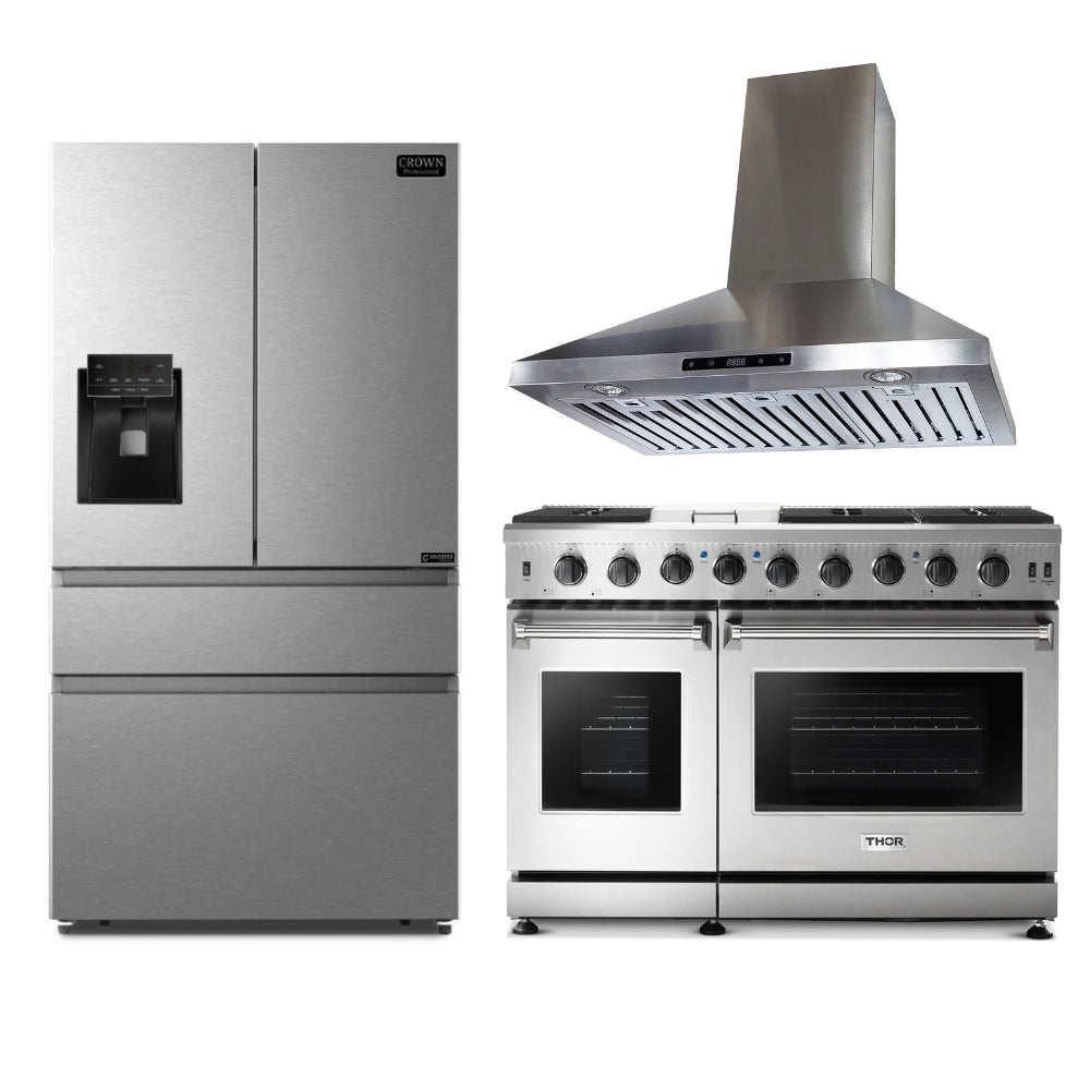 3-PC Bundle Set: Crown 36" Wall Mount Range Hood + Thor Kitchen 48" Gas Range + Crown 36" Refrigerator