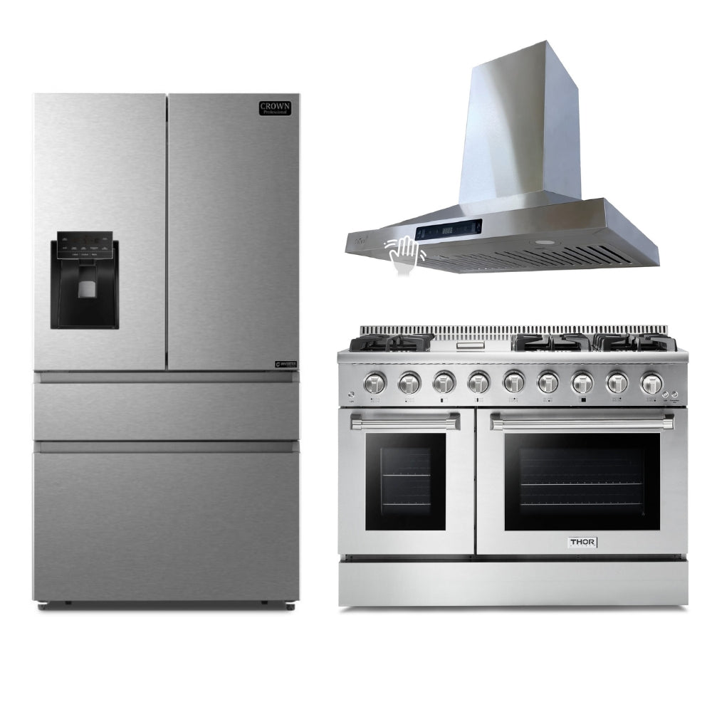3-PC Bundle Set: Crown 36" Wall Mount Range Hood + Thor Kitchen 48" Gas Range + Crown 36" Refrigerator