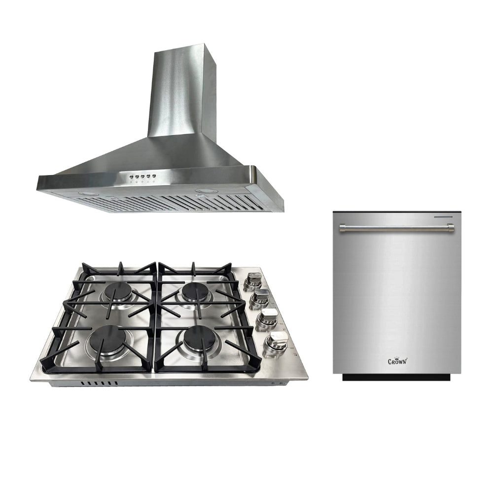 3-PC Bundle Set: Novel 30" Wall Mount Range Hood + Crown 30" Gas Cooktop + Crown 24" Dishwasher
