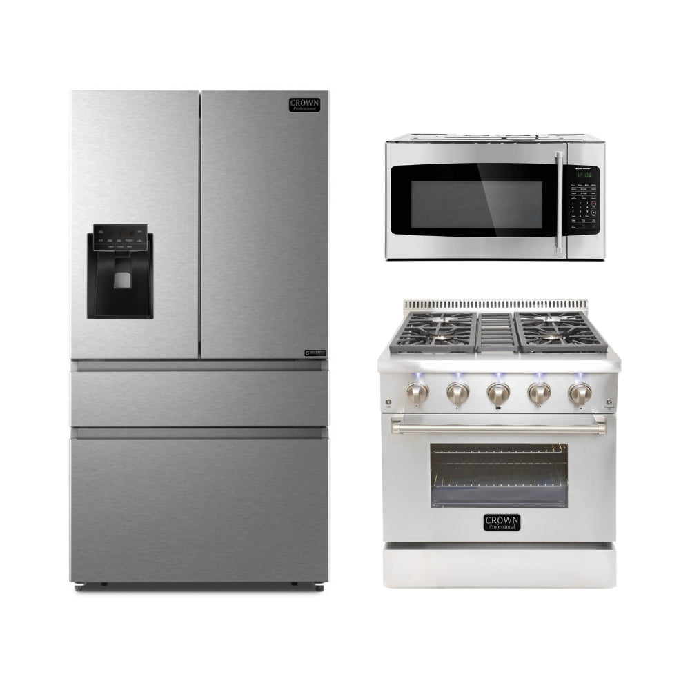 3-PC Bundle Set: Crown 30" Microwave Oven + 30" Dual Fuel Gas Range + 36" Refrigerator