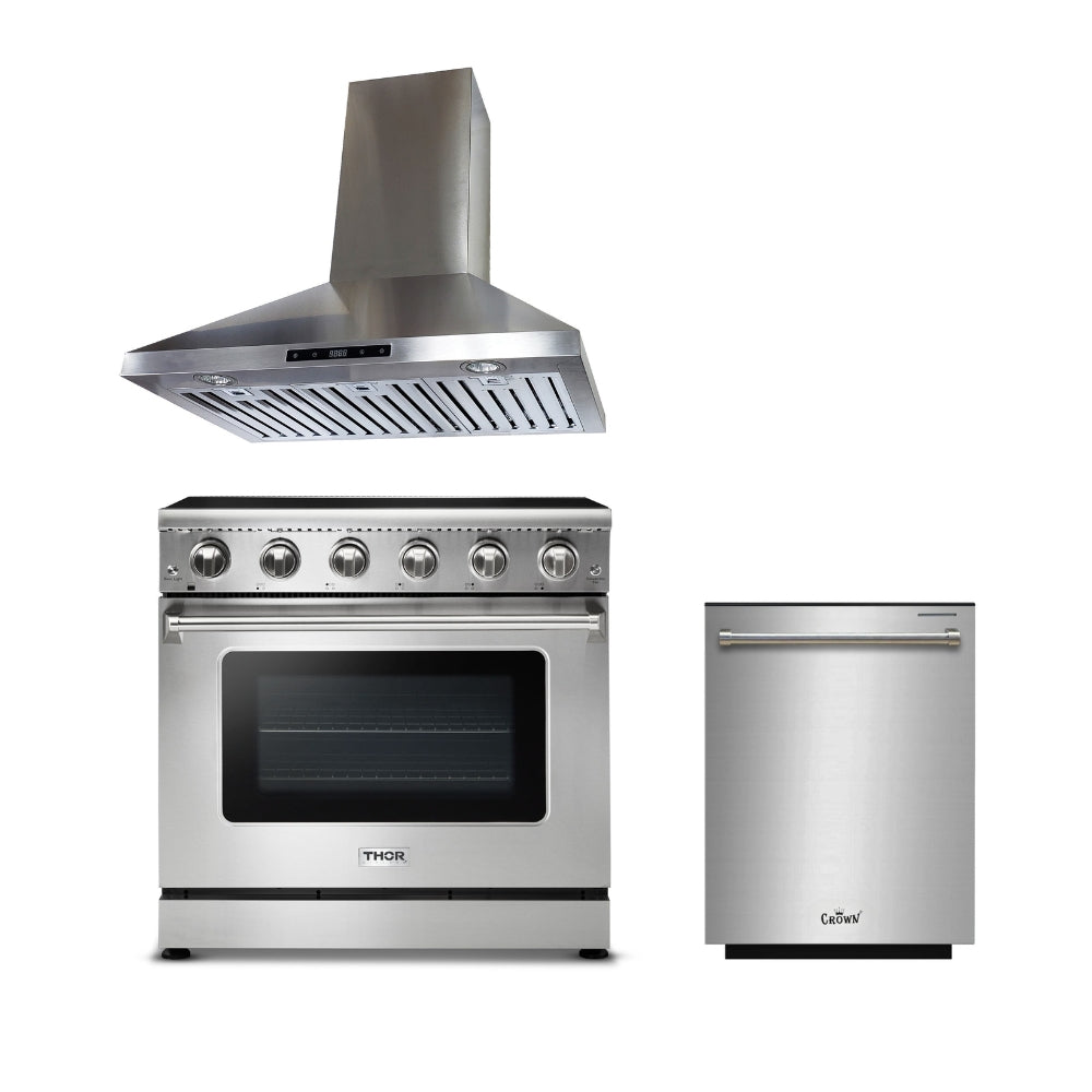 3-PC Bundle Set: Thor Kitchen 36" Electric Range + Crown 36" Wall Mount Range Hood + 24" Dishwasher