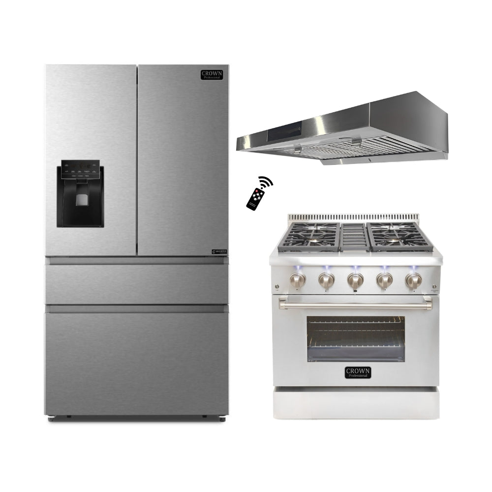 3-PC Bundle Set: Crown 30" Under Cabinet Range Hood + 30" Dual Fuel Gas Range + 36" Refrigerator