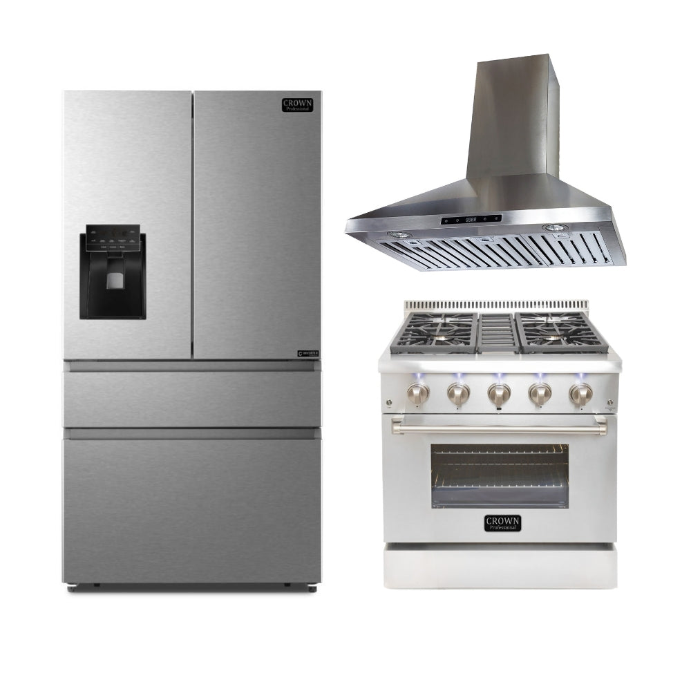 3-PC Bundle Set: Crown 30" Wall Mount Range Hood + 30" Dual Fuel Gas Range + 36" Refrigerator