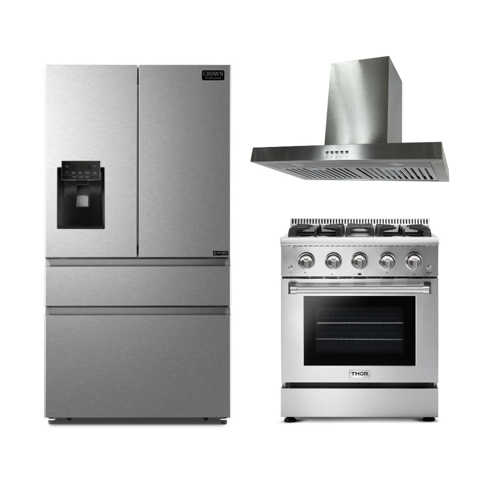 3-PC Bundle Set: Novel 30" Wall Mount Range Hood + Thor Kitchen 30" Gas Range + Crown 36" Refrigerator