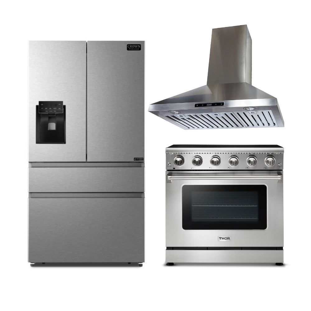 3-PC Bundle Set: Crown 36" Wall Mount Range Hood + Thor Kitchen 36" Electric Range + Crown 36" Refrigerator