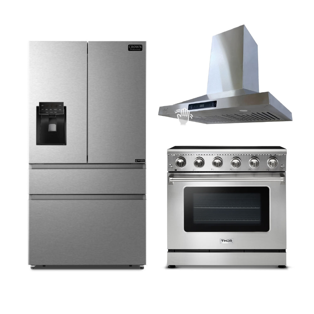 3-PC Bundle Set: Crown 36" Wall Mount Range Hood + Thor Kitchen 36" Electric Range + Crown 36" Refrigerator