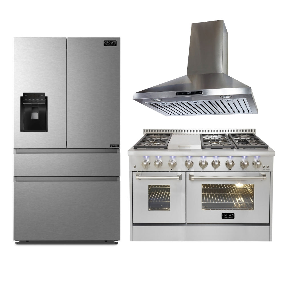 3-PC Bundle Set: Crown 36" Wall Mount Range Hood + 48" Dual Fuel Gas Range + 36" Refrigerator