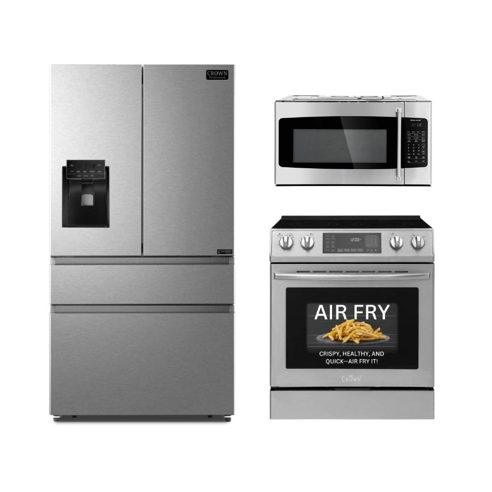 3-PC Bundle Set: Crown 30" Microwave Oven + 30" Electric Range + 36" Refrigerator