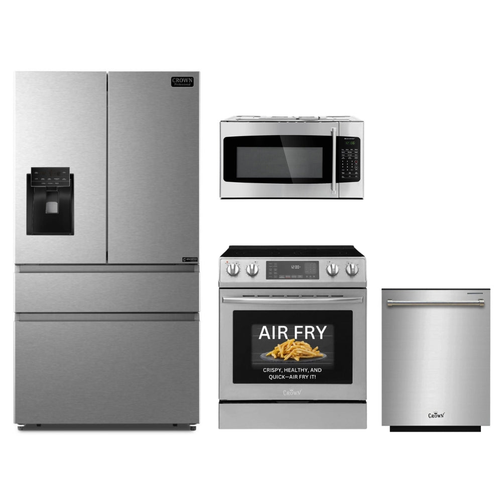4-PC Bundle Set: Crown 30" Microwave Oven + 30" Electric Range + 36" Refrigerator + 24" Dishwasher