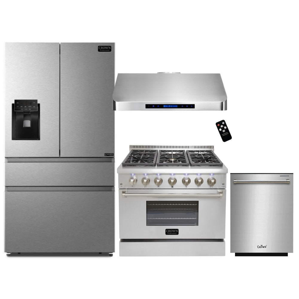 4-PC Bundle Set: Crown 36" Dual Fuel Gas Range + 36" Under Cabinet Range Hood + 36" Refrigerator + 24" Dishwasher