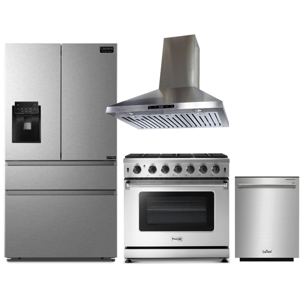4-PC Bundle Set: Thor Kitchen 36" Gas Range + Crown 36" Wall Mount Range Hood + 36" Refrigerator + 24" Dishwasher