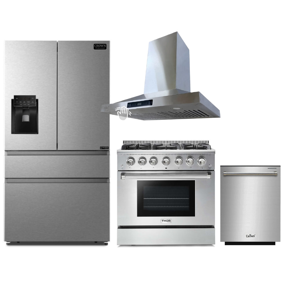 4-PC Bundle Set: Thor Kitchen 36" Gas Range + Crown 36" Wall Mount Range Hood + 36" Refrigerator + 24" Dishwasher