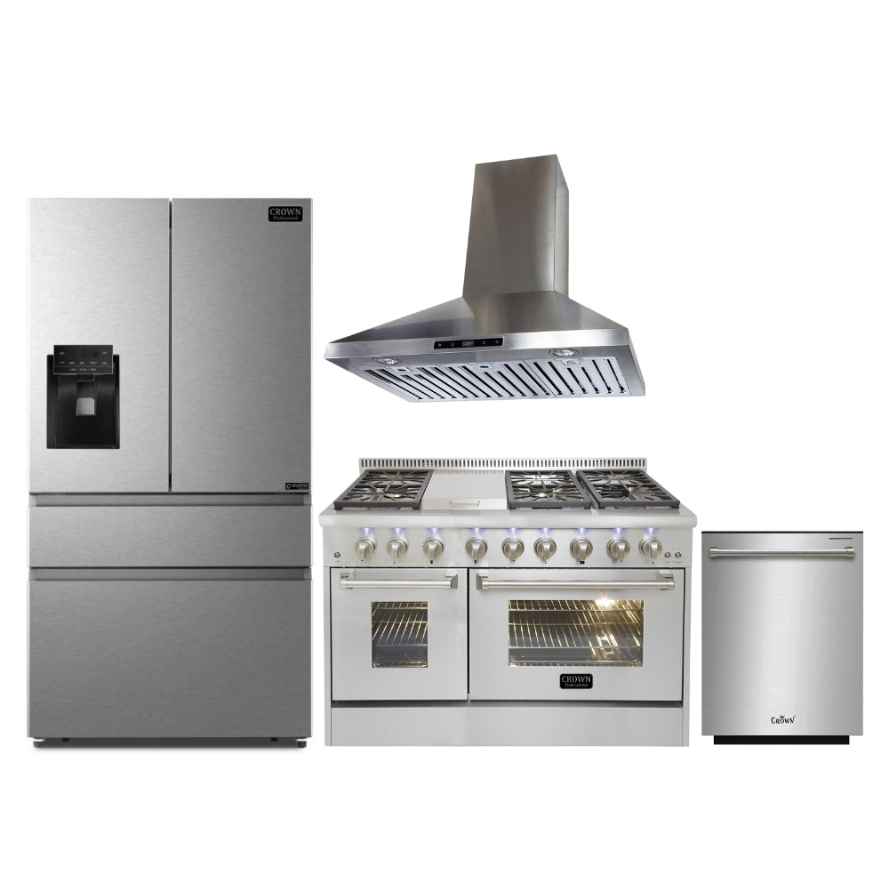 4-PC Bundle Set: Crown 48" Dual Fuel Gas Range + 36" Wall Mount Range Hood + 36" Refrigerator + 24" Dishwasher