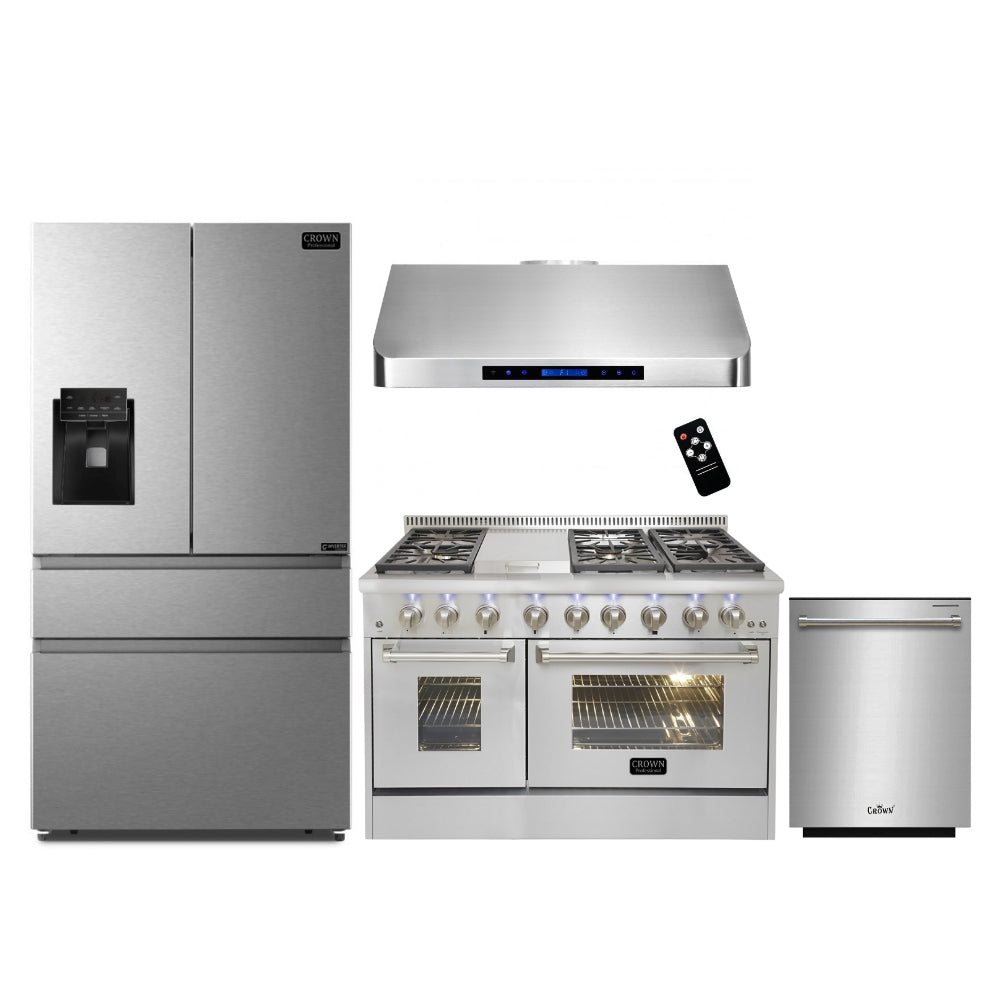 4-PC Bundle Set: Crown 48" Dual Fuel Gas Range + 42" Under Cabinet Range Hood + 36" Refrigerator + 24" Dishwasher