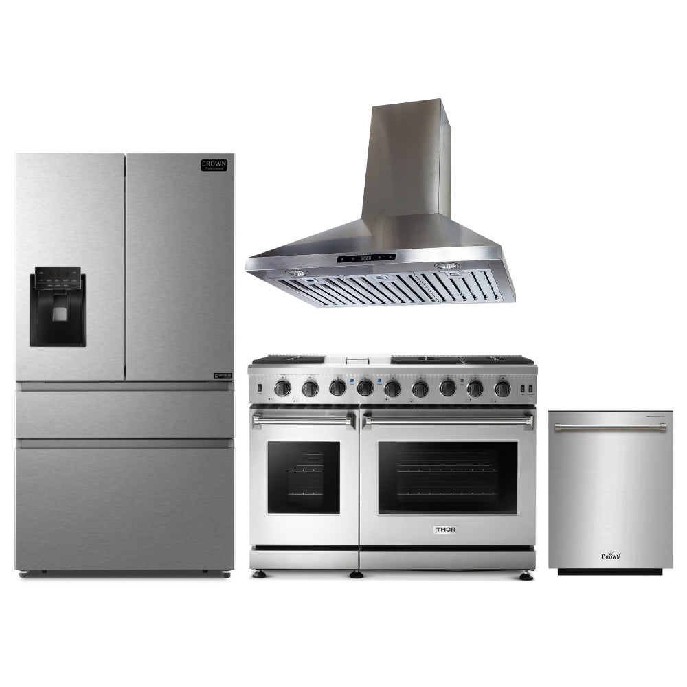 4-PC Bundle Set: Thor Kitchen 48" Gas Range + Crown 36" Wall Mount Range Hood + 36" Refrigerator + 24" Dishwasher