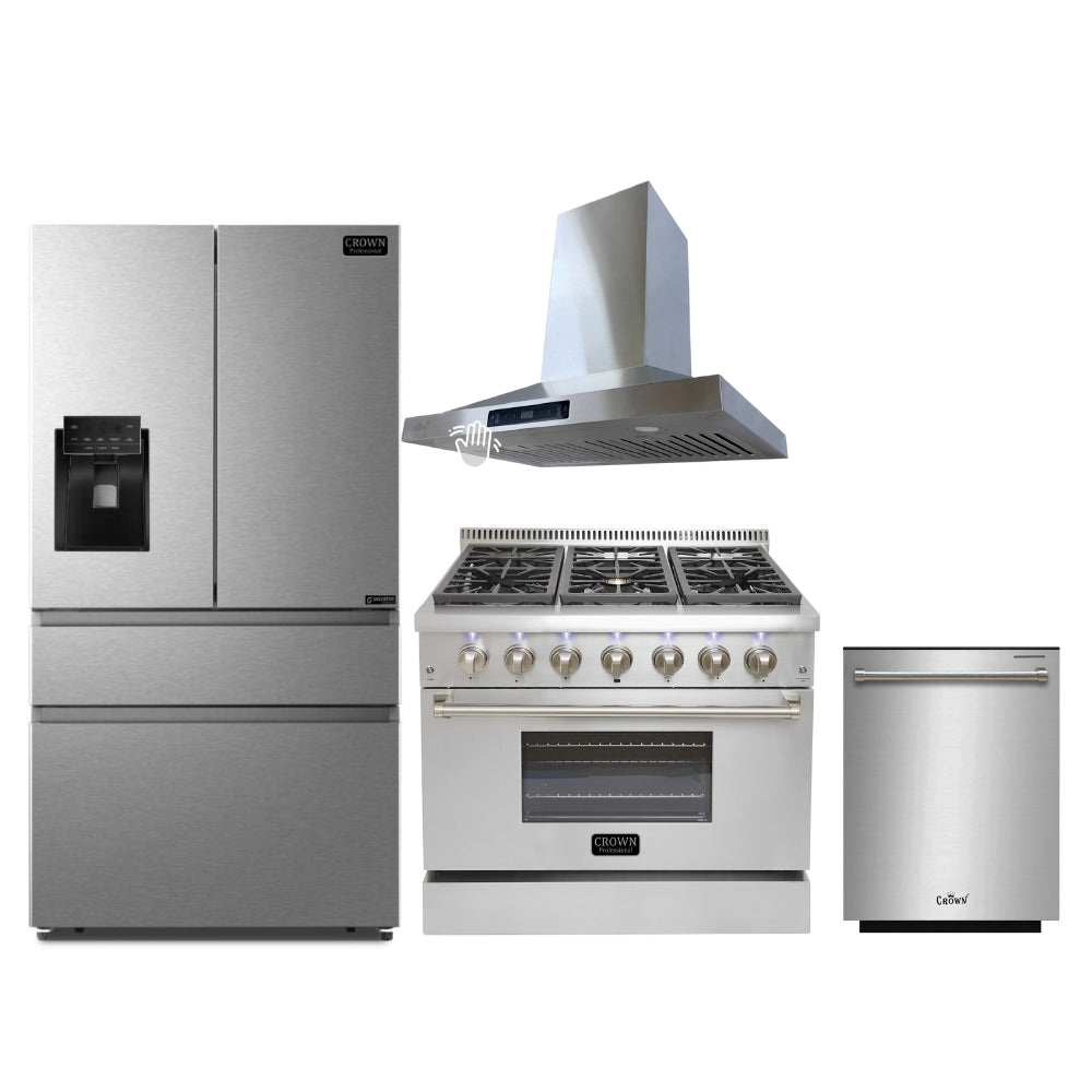 4-PC Bundle Set: Crown 36" Dual Fuel Gas Range + 36" Wall Mount Range Hood + 36" Refrigerator + 24" Dishwasher