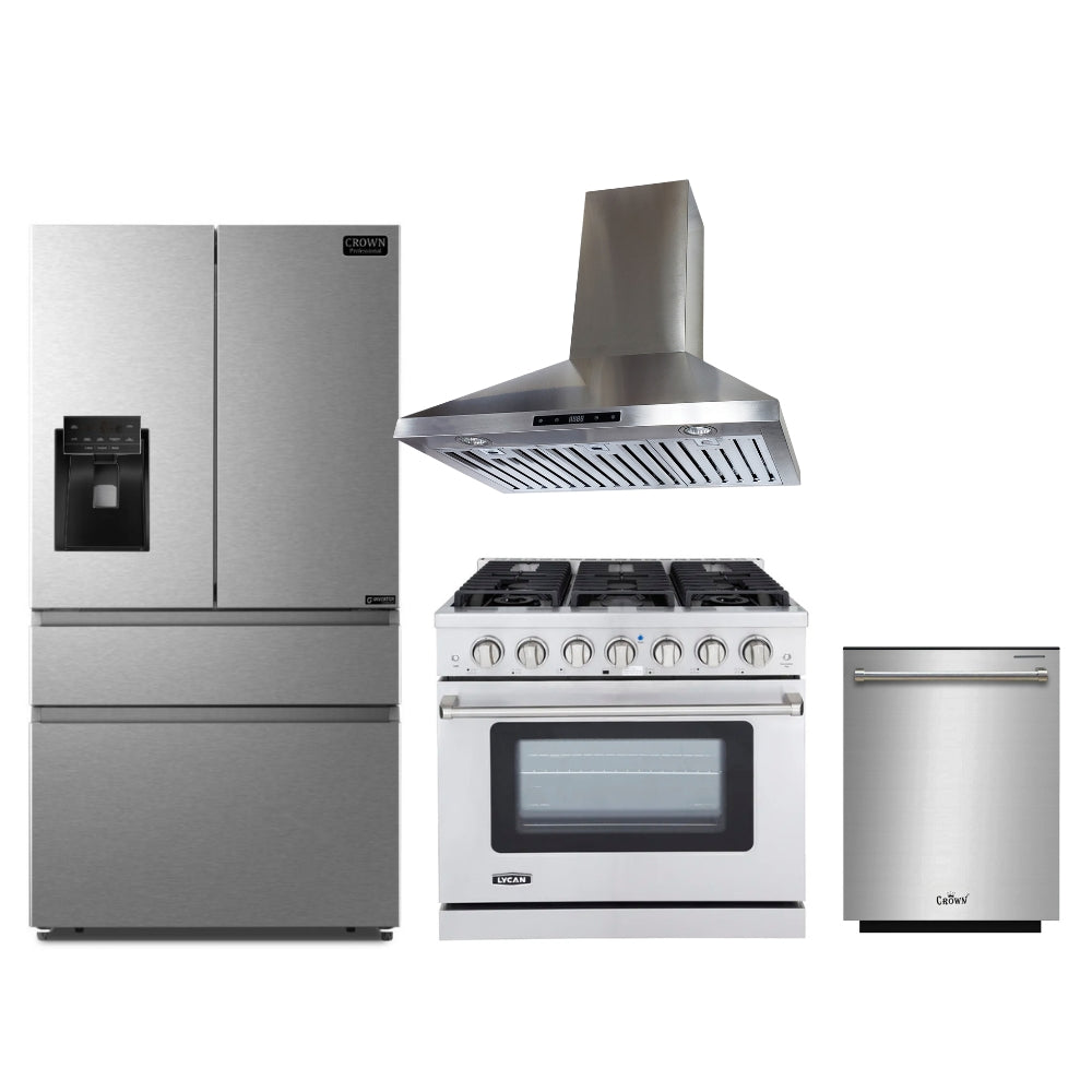 4-PC Bundle Set: Lycan 36" Gas Range + Crown 36" Wall Mount Range Hood + 36" Refrigerator + 24" Dishwasher