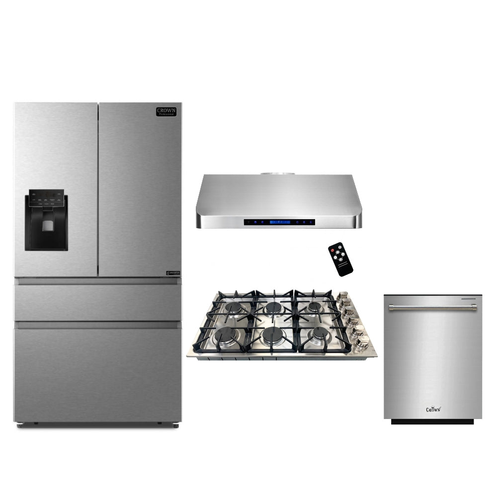 4-PC Bundle Set: Crown 36" Gas Cooktop + 36" Under Cabinet Range Hood + 36" Refrigerator + 24" Dishwasher
