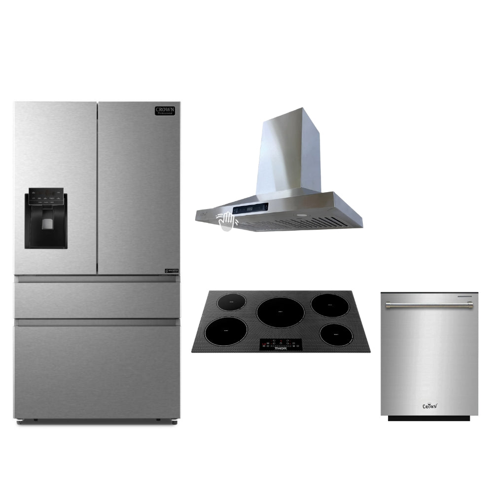 4-PC Bundle Set: Thor Kitchen 36" Induction Cooktop + Crown 36" Wall Mount Range Hood + 36" Refrigerator + 24" Dishwasher
