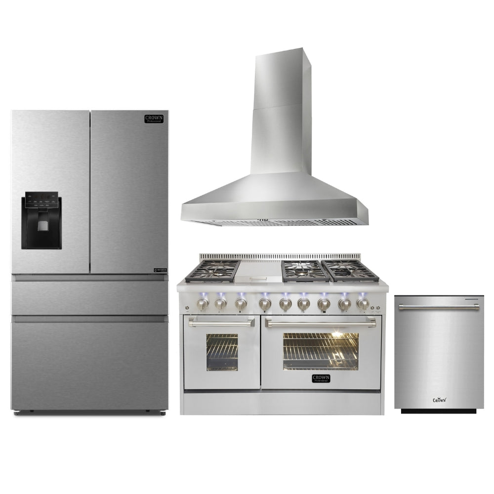 4-PC Bundle Set: Thor Kitchen 48" Wall Mount Range Hood + Crown 48" Dual Fuel Gas Range + 36" Refrigerator + 24" Dishwasher