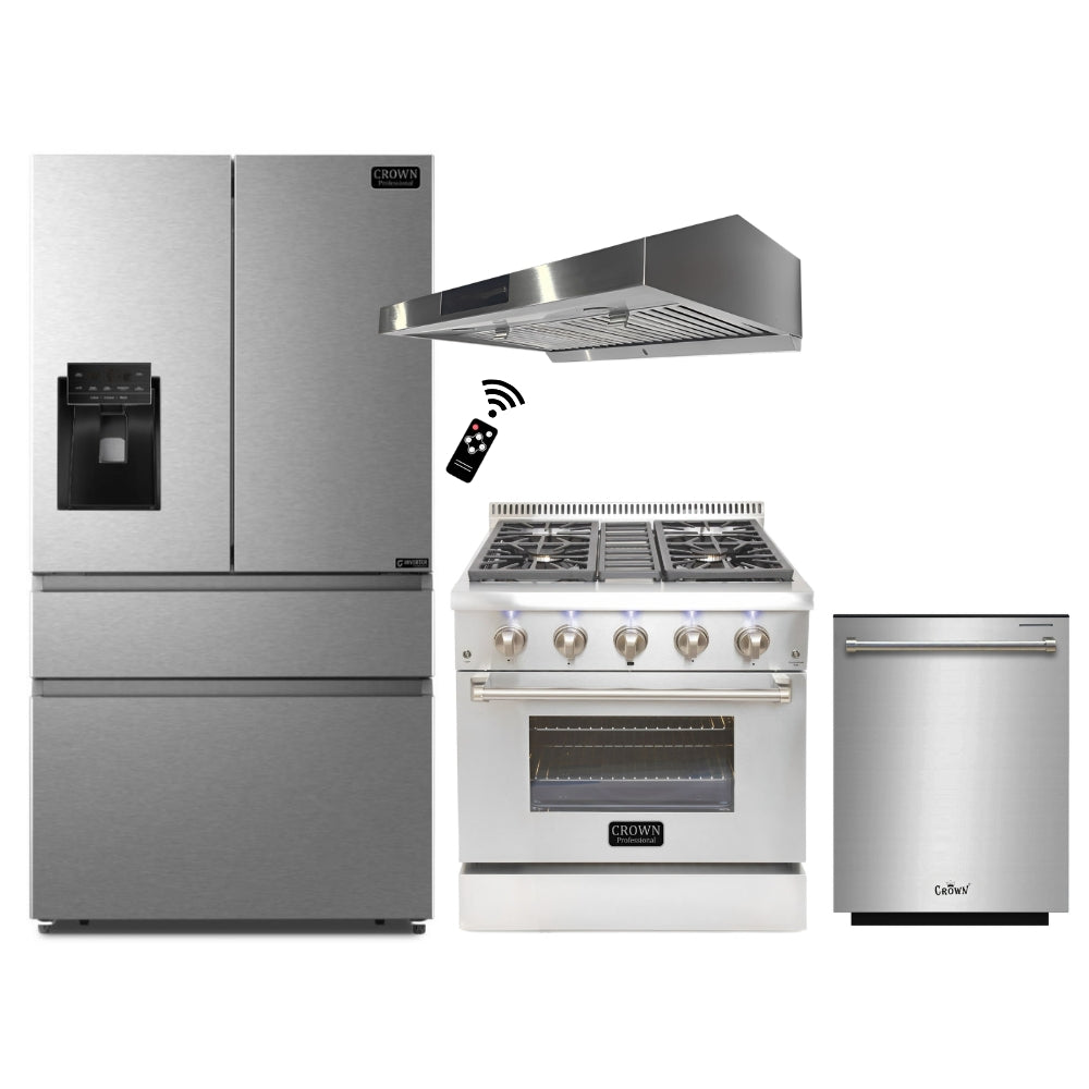 4-PC Bundle Set: Crown 30" Under Cabinet Range Hood + 30" Dual Fuel Gas Range + 36" Refrigerator + 24" Dishwasher
