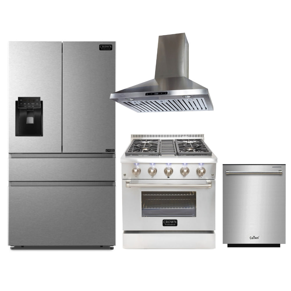 4-Piece Bundle Set: Crown 30" Wall Mount Range Hood + 30" Dual Fuel Gas Range + 36" Refrigerator + 24" Dishwasher