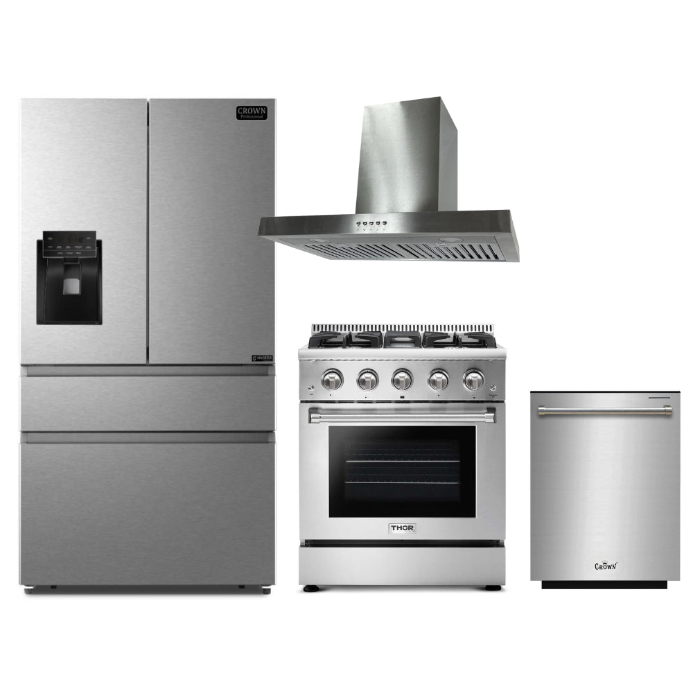4-PC Bundle Set: Novel 30" Wall Mount Range Hood + Thor Kitchen 30" Gas Range + Crown 36" Refrigerator + 24" Dishwasher