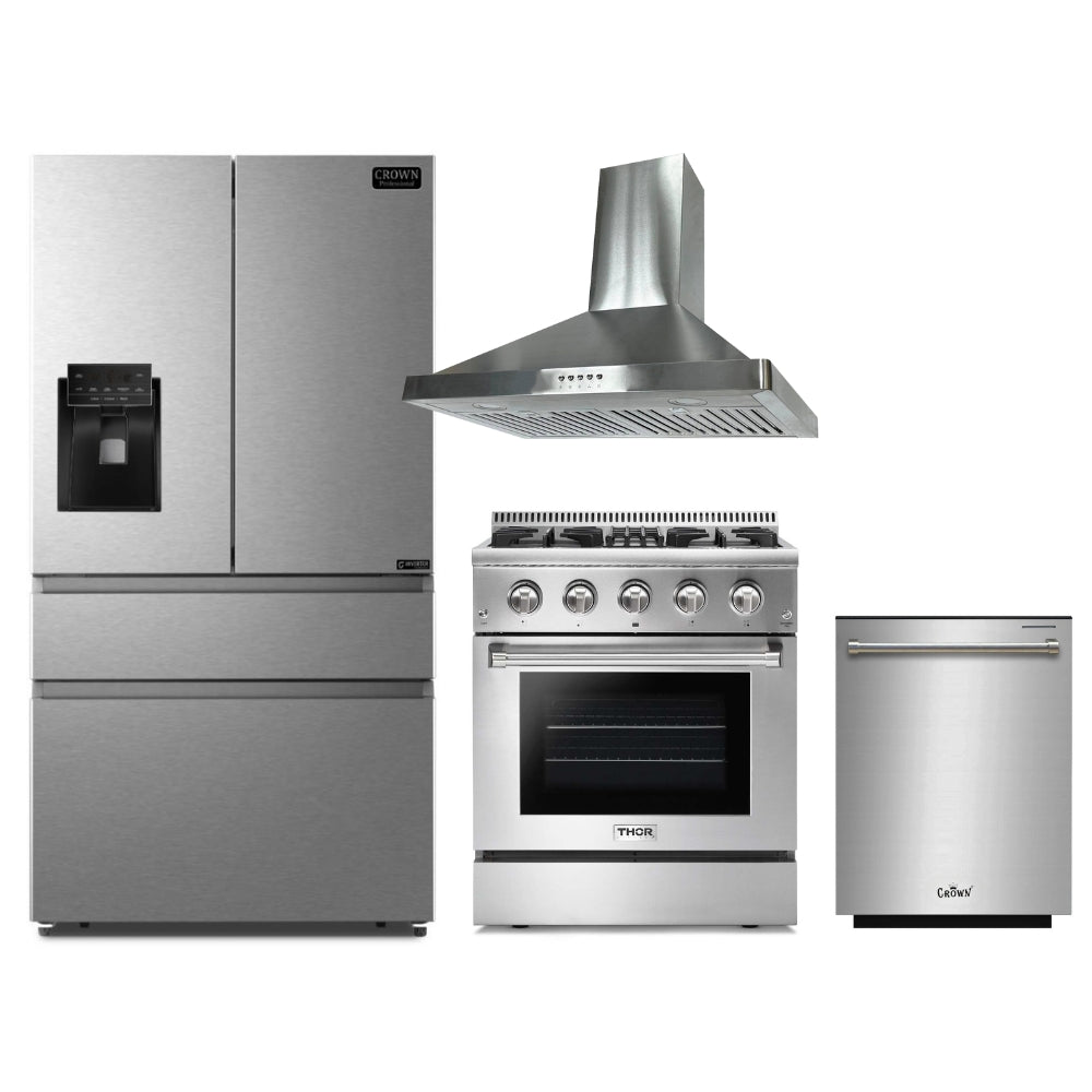 4-PC Bundle Set: Novel 30" Wall Mount Range Hood + Thor Kitchen 30" Dual Fuel Gas Range + Crown 36" Refrigerator + 24" Dishwasher