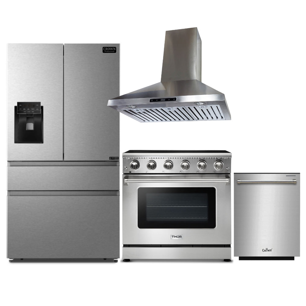 4-PC Bundle Set: Thor Kitchen 36" Electric Range + Crown 36" Wall Mount Range Hood + 36" Refrigerator + 24" Dishwasher