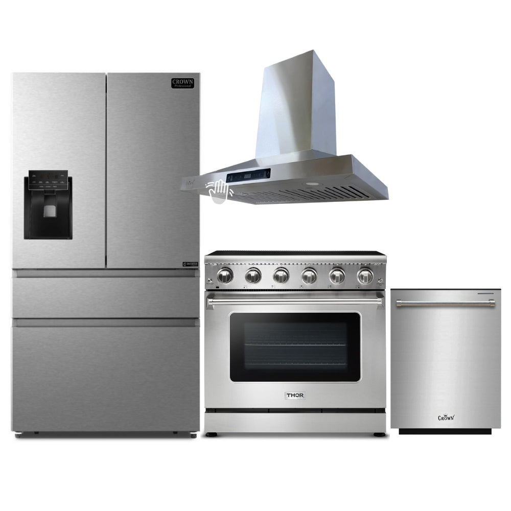 4-PC Bundle Set: Thor Kitchen 36" Electric Range + Crown 36" Wall Mount Range Hood + 36" Refrigerator + 24" Dishwasher