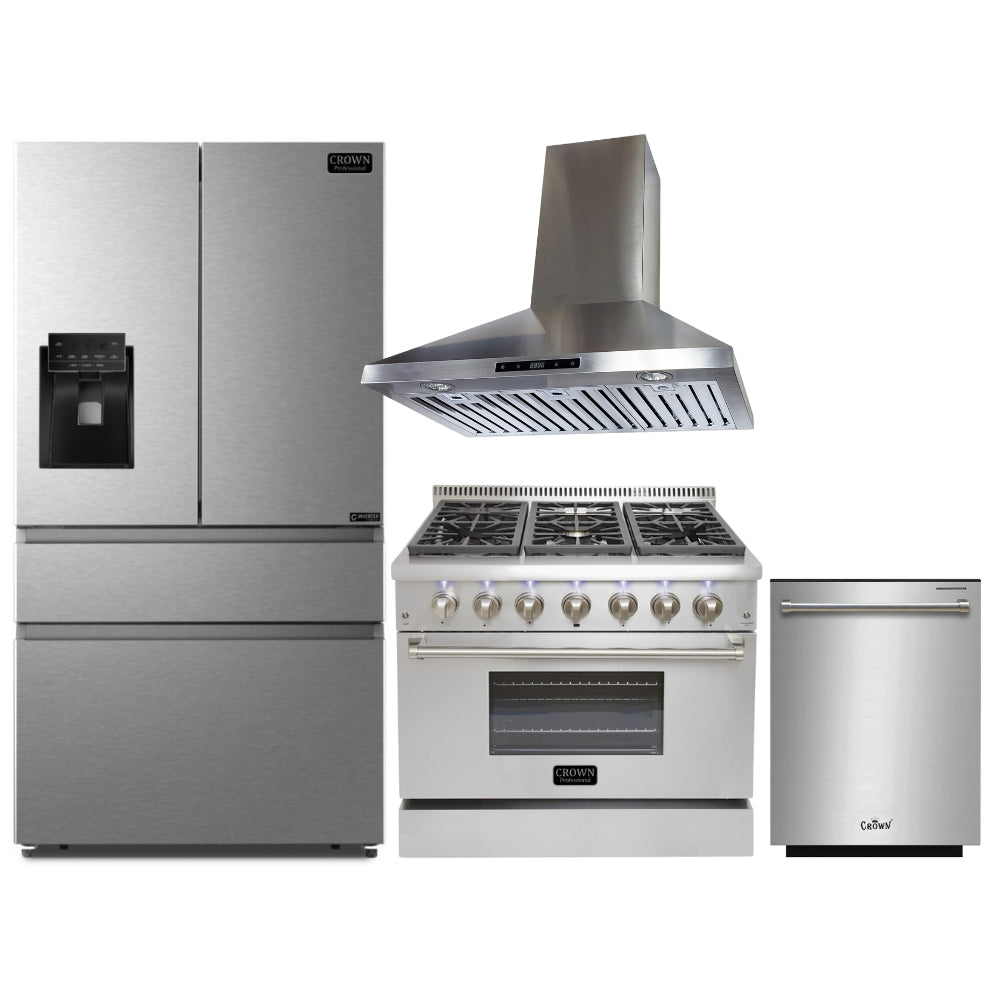 4-PC Bundle Set: Crown 36" Dual Fuel Gas Range + 36" Wall Mount Range Hood + 36" Refrigerator + 24" Dishwasher