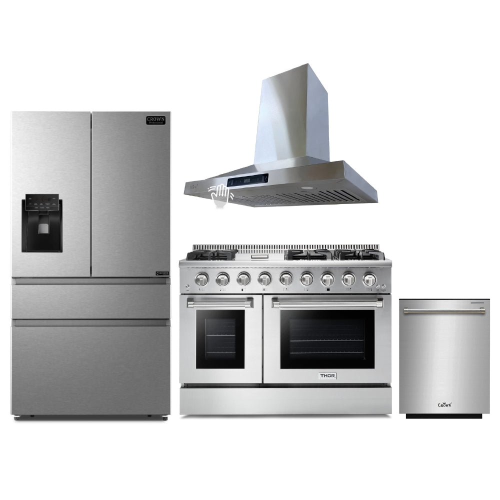 4-PC Bundle Set: Thor Kitchen 48" Gas Range + Crown 36" Wall Mount Range Hood + 36" Refrigerator + 24" Dishwasher