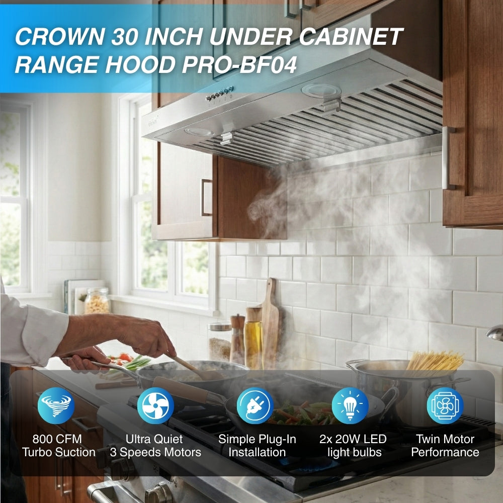 Crown 30 Inch 800 CFM Under Cabinet Range Hood PRO-BF04 - Range Hood - Crown