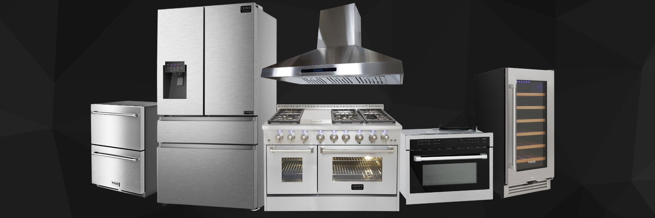 4-PC Bundle Set: Thor Kitchen 48" Wall Mount Range Hood + Crown 48" Dual Fuel Gas Range + 36" Refrigerator + 24" Dishwasher