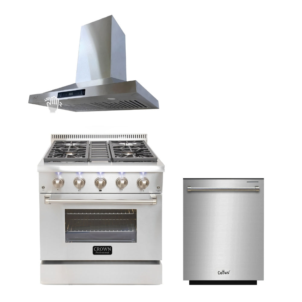 Crown 30" Dual Fuel Range + Crown 30" Wall Mount Range Hood + 24" Dishwasher 3PC Bundle Sets