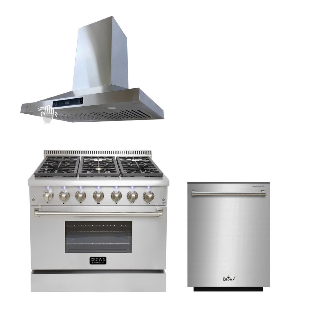 Crown 36" Dual Fuel Range + Crown 36" Wall Mount Range Hood + 24" Dishwasher 3-PC Bundle Sets