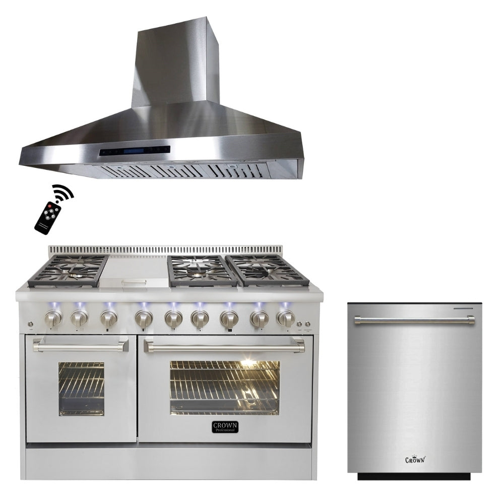 Crown_48_inch_Dual_Fuel_Range_Dishwasher_Crown_48_inch_Wall_Mount_Range_Hood_3-PC_Bundle_Sets