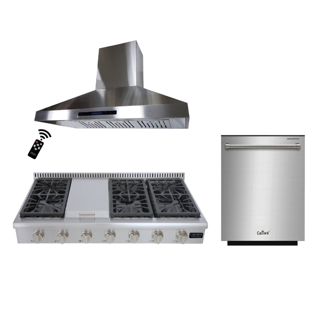 Crown 48" Gas Range top + Crown 48" Wall Mount Range Hood + 24" Dishwasher 3-PC Bundle Sets