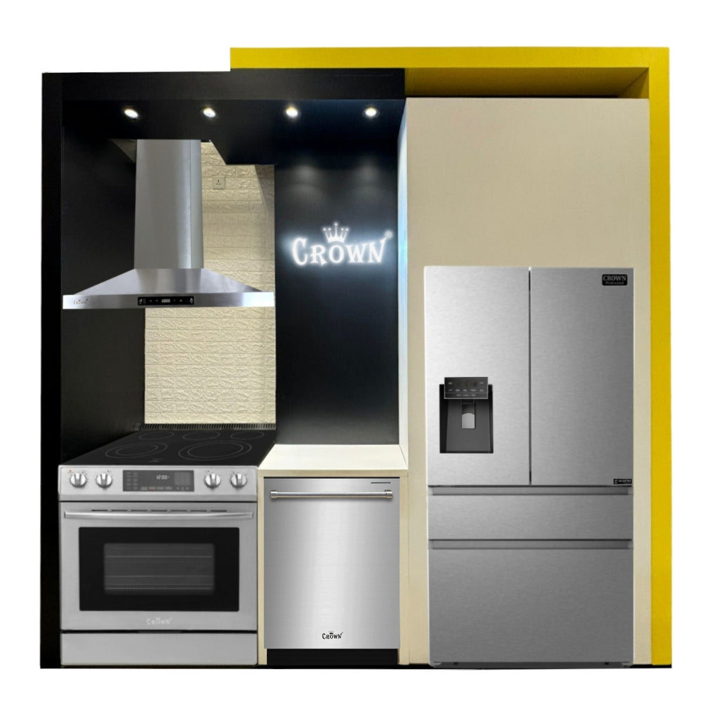 3-pc Crown Appliance Package 36" Fridge, 30" Electric Range & Range Hood) Stainless Steel Set 24" Dishwasher | RenoShop