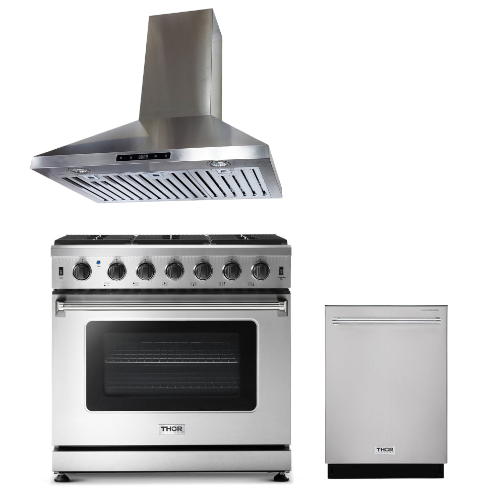Thor Kitchen 30/36/48" Gas Range + Crown 30/36/48" Range Hoods + 24" Dishwasher 3-Pc Bundle Sets