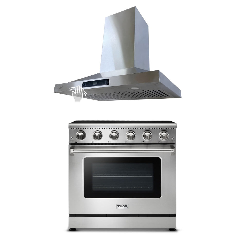 2-PC Bundle Set: Crown 36" Wall Mount Range Hood + Thor Kitchen 36" Electric Range
